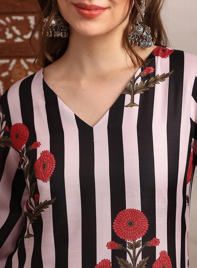 globus Women Black Floral Stripes Straight Kurta and Pant Set - Image 3